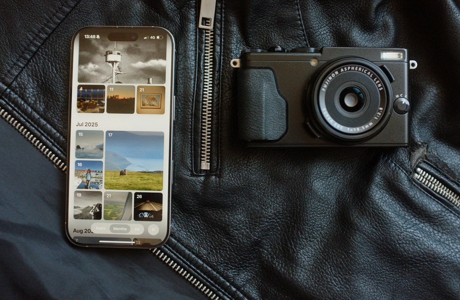 Smartphone and camera on black leather